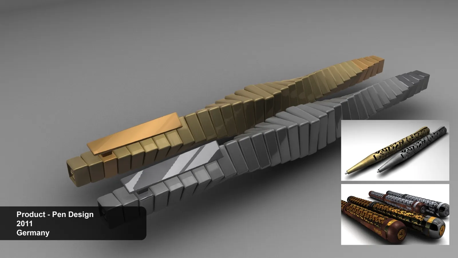 Gold and silver segmented pen design product visualization