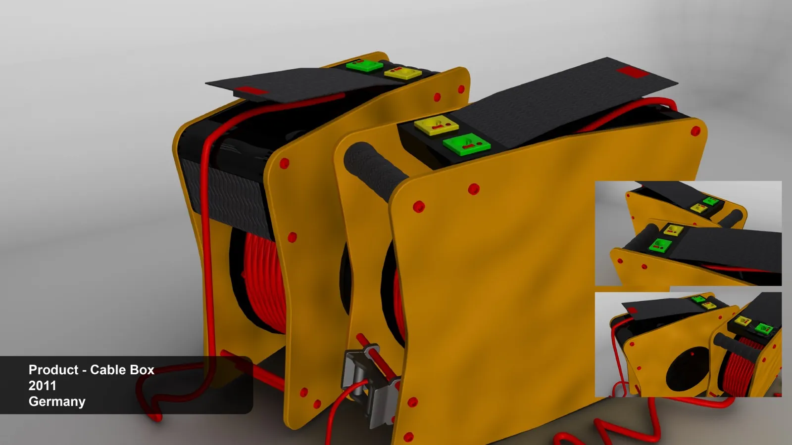 Yellow industrial cable reel box product design with integrated handle and control panel