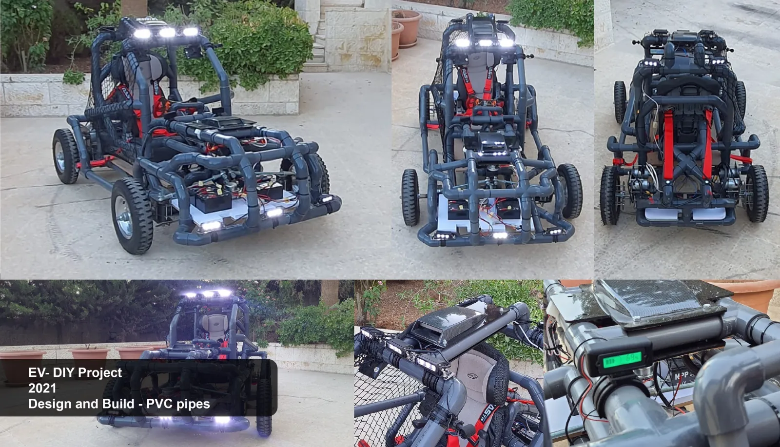Electric off-road buggy hand-built from PVC pipe with roll cage and LED lighting