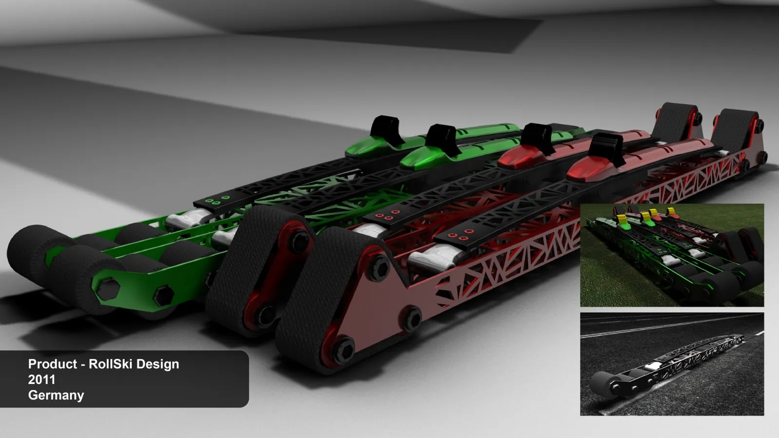 Red and green RollSki product design, a set of off-snow ski trainers with wheeled tips
