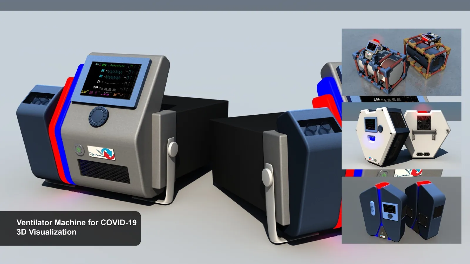 Compact ventilator machine concept with vital-signs display, designed for COVID-19 response